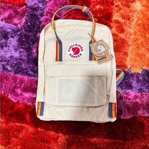 Fjällräven Kånken Cream Backpack with Rainbow Straps